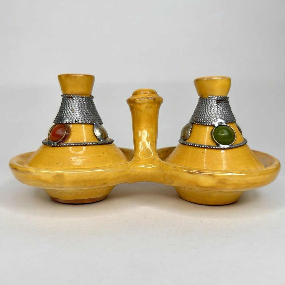 Yellow Ceramic Moroccan Mini Tagine Spice and Condiment Holder with Jewels